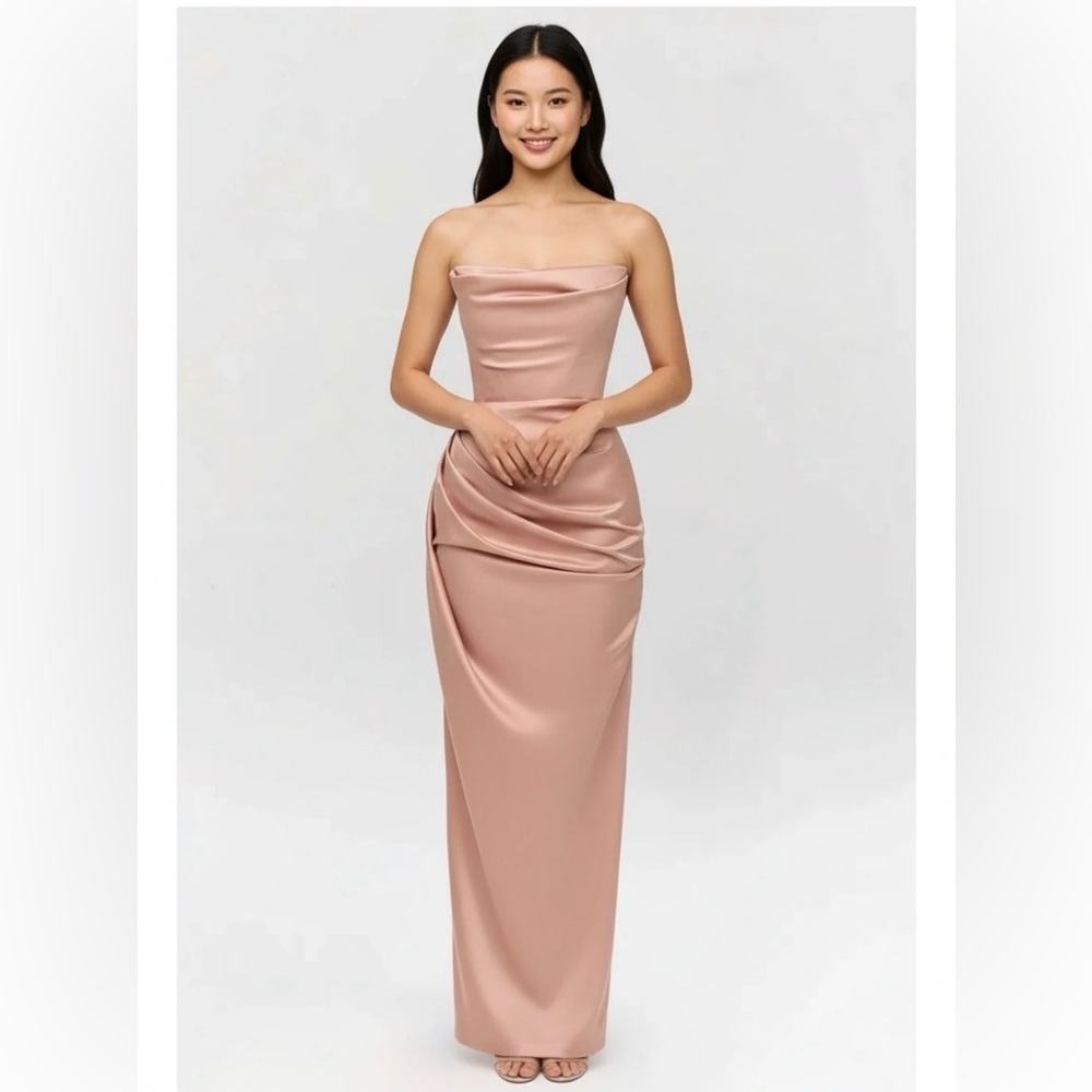 HOUSE OF CB 'Adrienne' Blush Satin Strapless Gown /Size XS plus cup